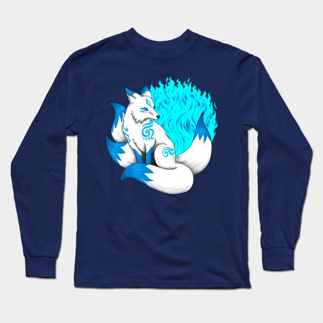 Aqua Blue Kitsune Fox Long Sleeve T-Shirt by Lady Lilac